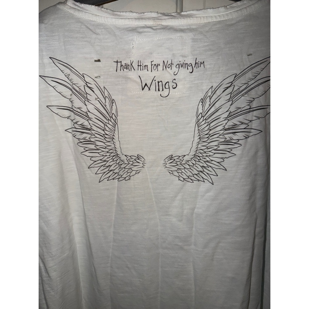 L/XL A Rare Bird Handmade Tiger Angel Wings Graphic T-Shirt White Distressed NWT - Picture 3 of 6